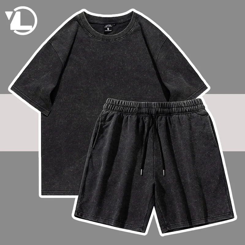 

Летние комплекты с коротким рукавом для мужчин и женщин, черная футболка с эффектом потертости в стиле хип-хоп + Ретро брикет, однотонный костюм в стиле Хай-стрит