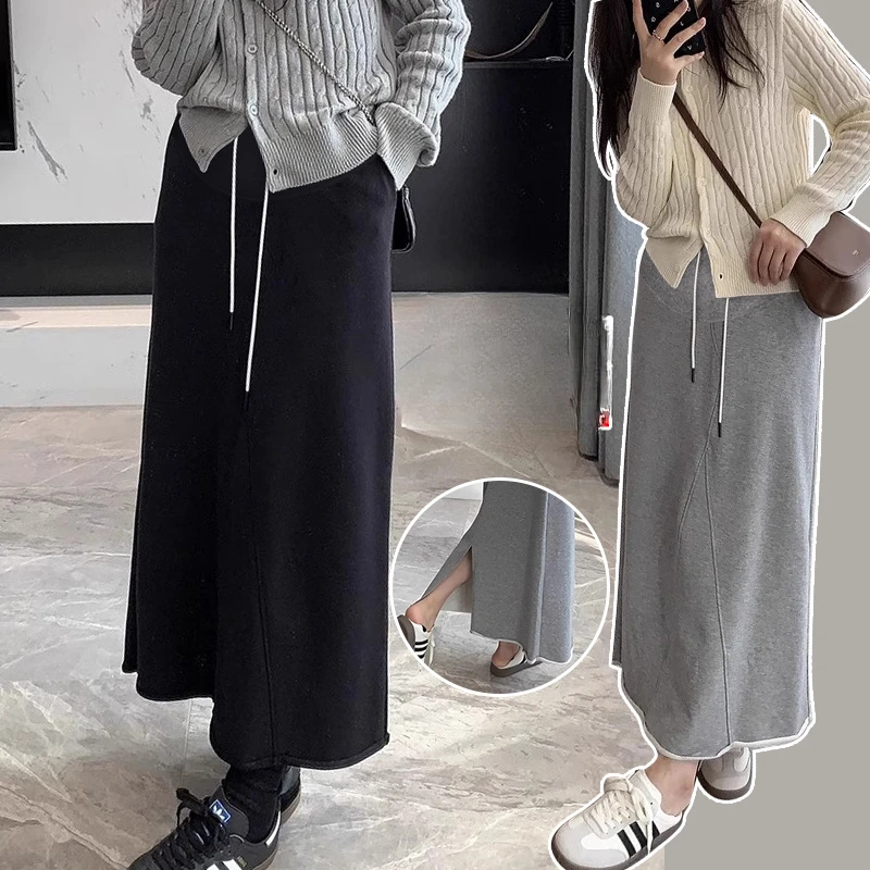 Good Quality Korean Style Pregnant Women Long Skirt Drawstring Waist Loose Casual Maternity Cotton Step Skirts Back Split Skirts