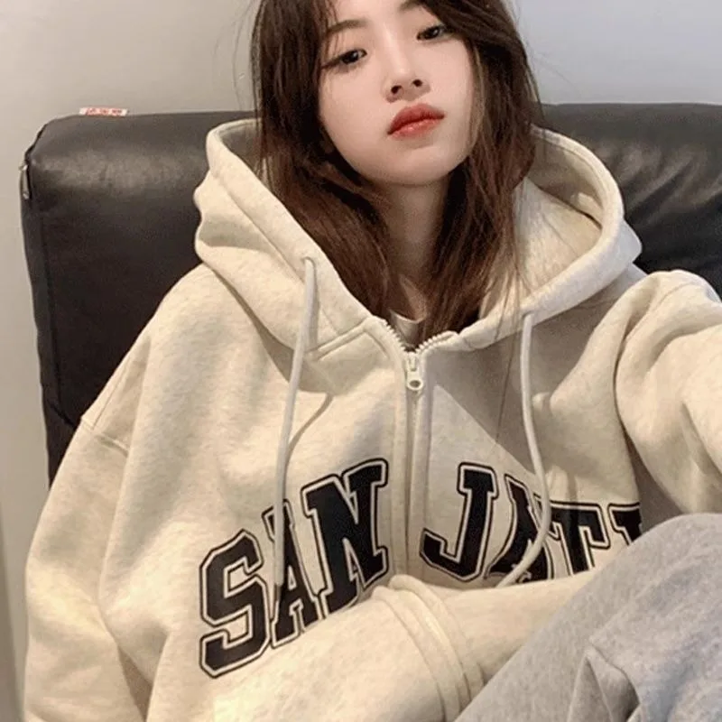 

American New Pure Cotton Zipper Cardigan Y2K Street Fashion Retro Loose Lazy Wind Hooded Sweater Women Oversize Plus Velvet Coat