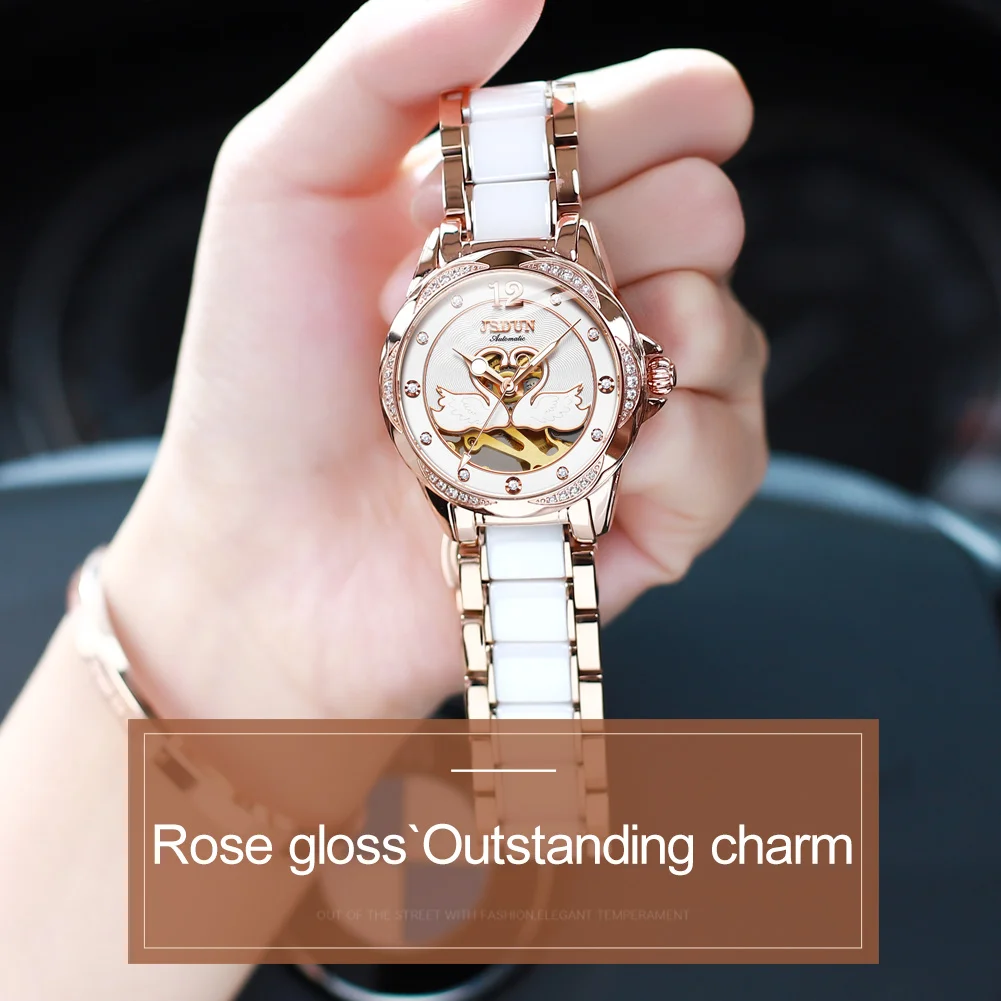 Jsdun Mechanische Horloge Voor Vrouwen Roestvrij Staal Keramiek Band Elegante Dames Horloge Saffier Kristal Luxe Vrouw Horloge