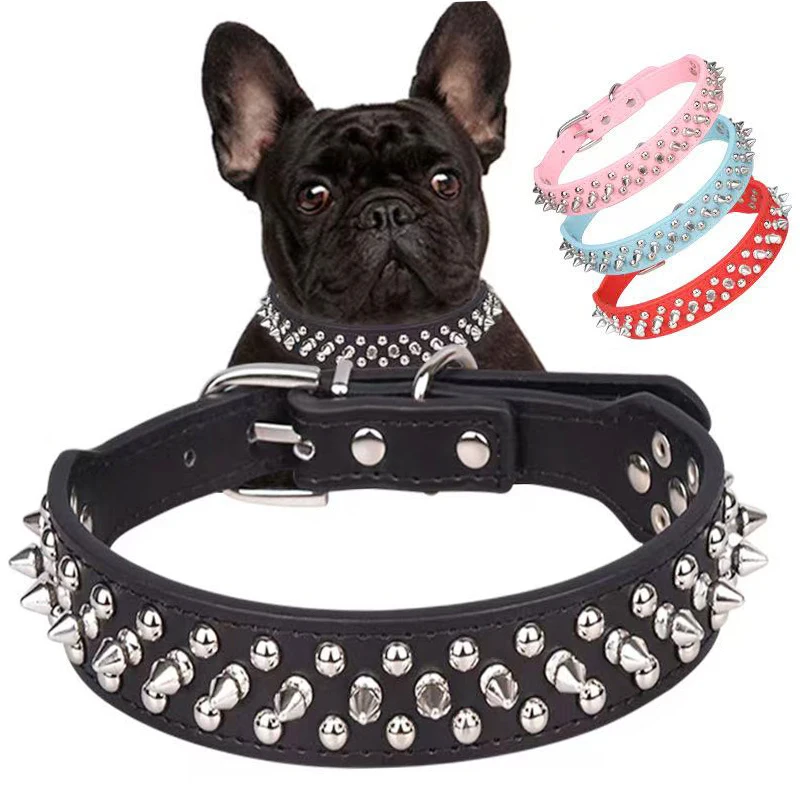 Dog Collar Adjustable Leather Pet Dog collar Neck Strap PU Leather Punk Rivet Spiked for Small Cat