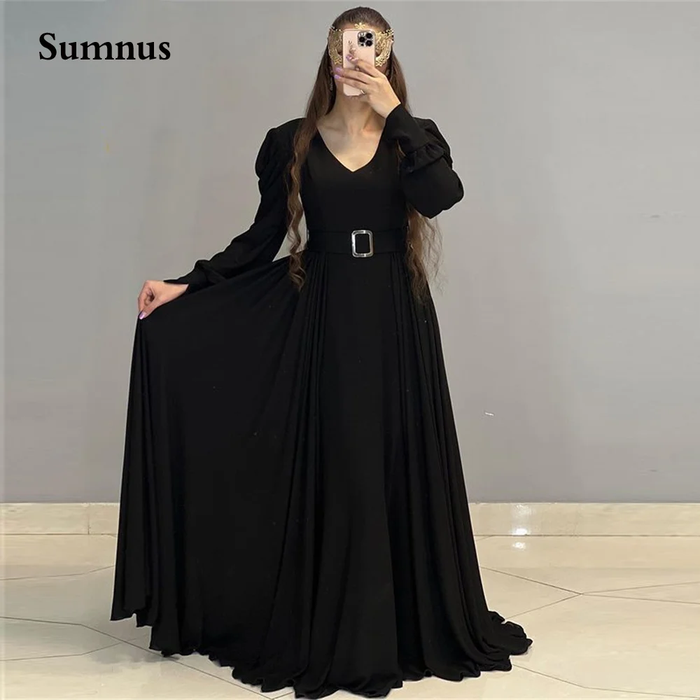 

Sumnus Chiffon A Line Evening Dress With Sashes V-Neck Pleats Princess Women Party Prom Gowns Plus Size Custom Made