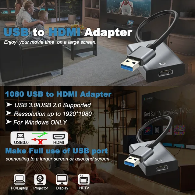 Adattatore USB A HDMI 1080P - Per PC Windows, Proiettori, HDTV | Audio Video, Plug And Play - Foto 3
