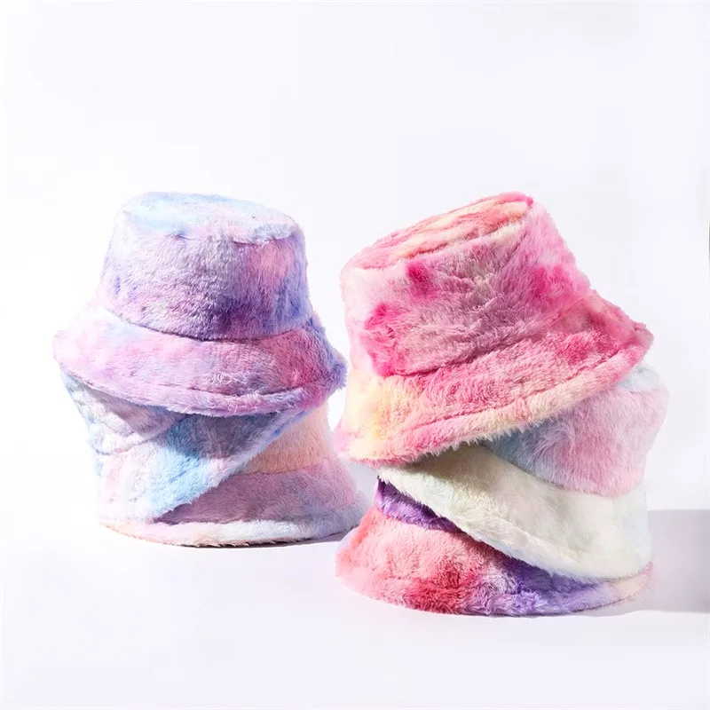

Colorful Tie Dye Women Winter Rainbow Bucket Fluffy Fuzzy Plush Short Brim Sunscreen Panama Fisherman Cap Thick Warm Outdoor Hat