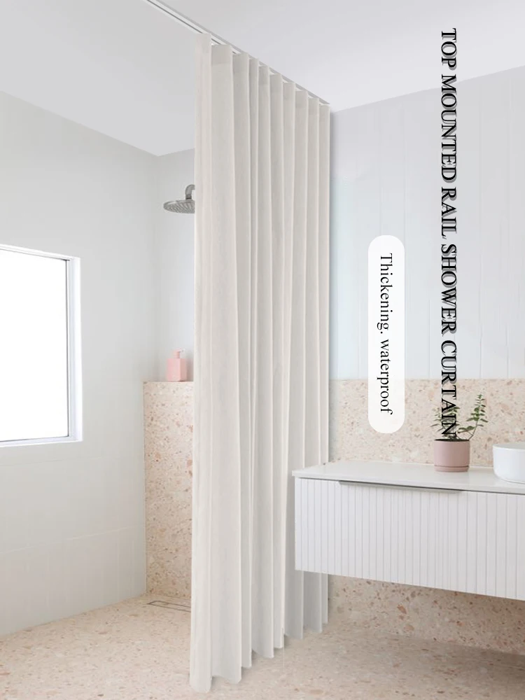 Imitation Linen Fabric Waterproof Shower Curtain Bathroom Accessorie Top Mounted Rail Hook Home Large Curtains Customize