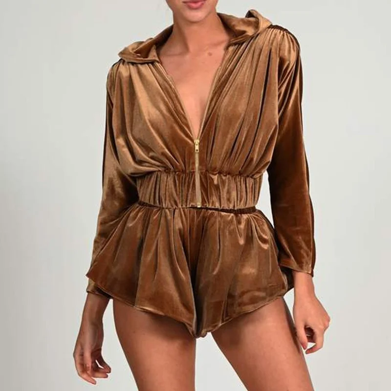 2023 New Black Long Sleeve Gold Velvet Bare Navel Hoodie Short Jacket and Shorts Suits Winter Sexy Women Velvet Zipper Suits New