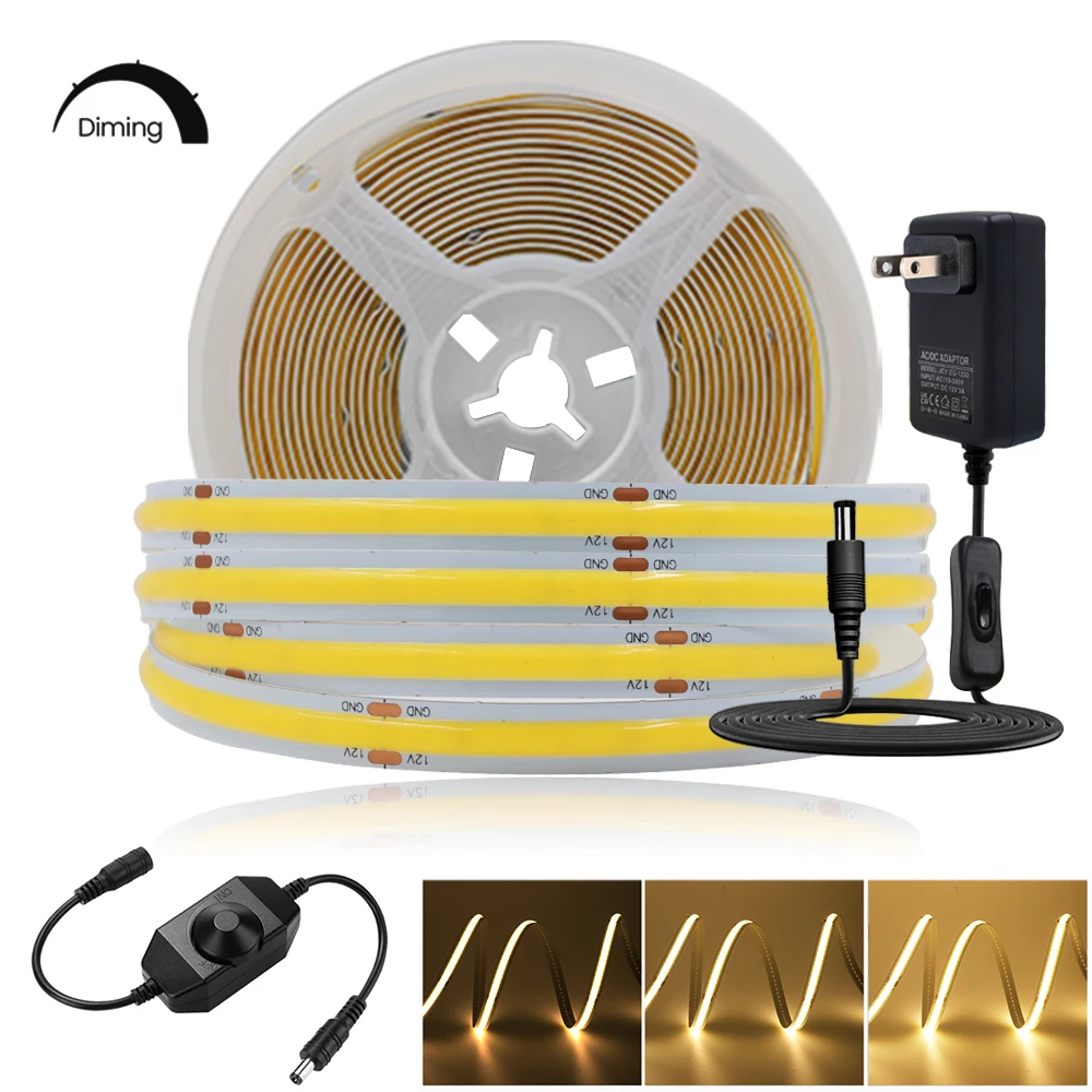 Tira de luces LED COB regulable de 12V, cinta Flexible de alta densidad,  284, 528 LED, cuerda lineal, cinta suave COB RA 90