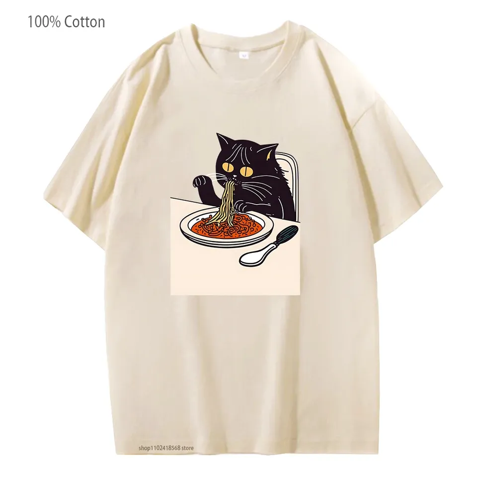 Cartoon Cat Eating Spaghetti T-Shirts Cute Animal Tshirt Women Harajuku Popular Characters Tops Men Clothing 100% Cotton Tees