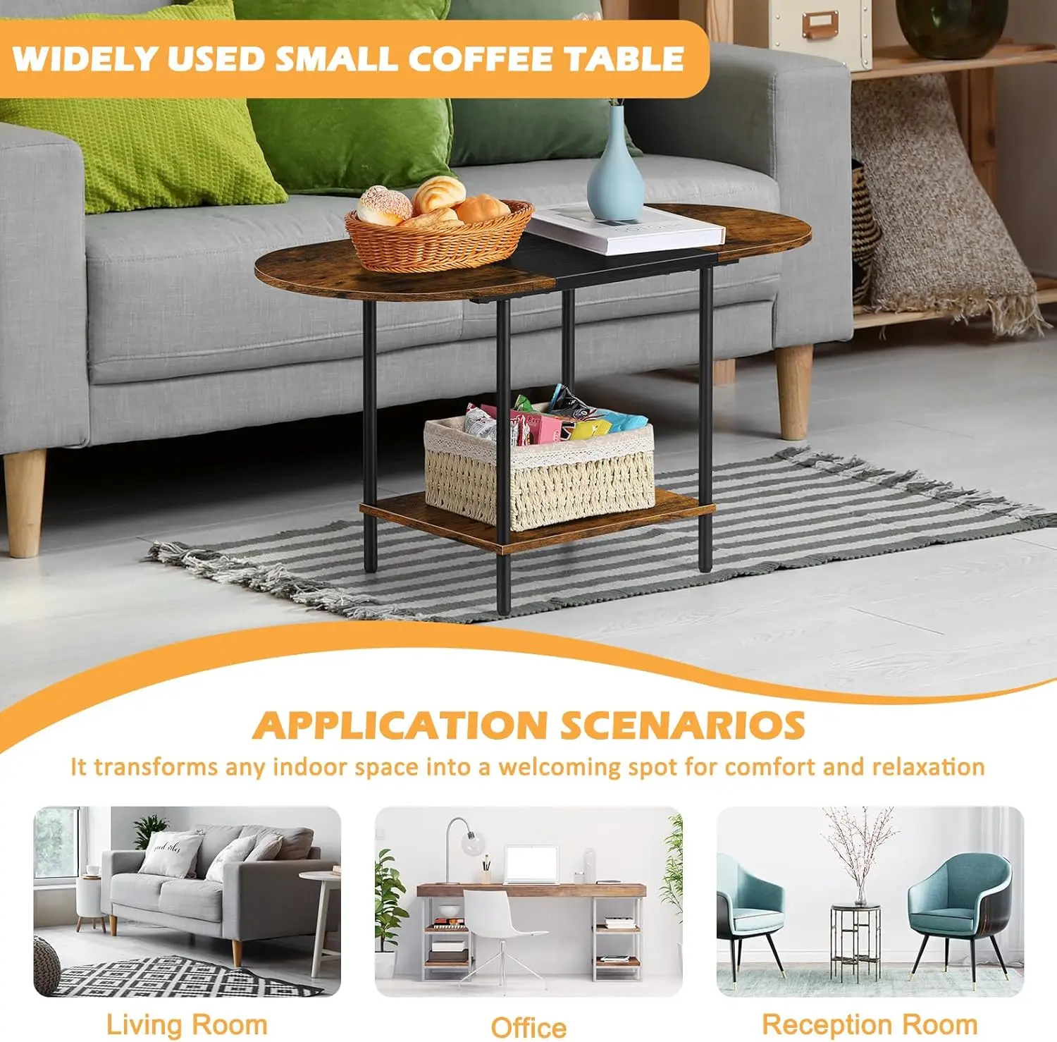 Small Round Coffee Tables for Small Space Farmhouse Oval Coffee Table with 2-Tier Storage Shelf Circle Center Tea Table 3