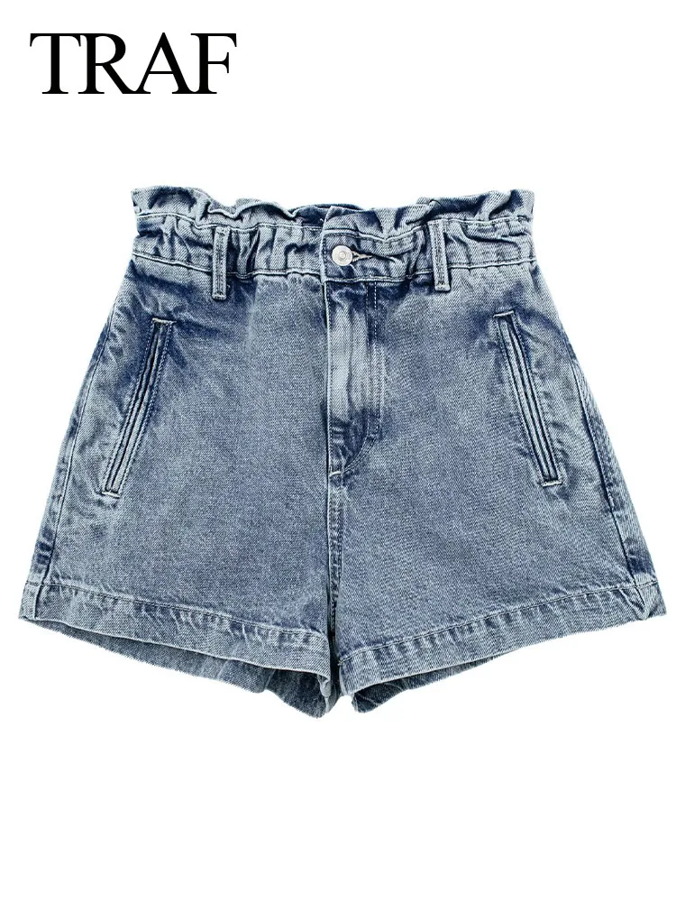 

TRAF Summer Women New Fashion Denim Zipper Short Jeans Woman Button Casual Versatile Straight Female High Waist Loose Shorts