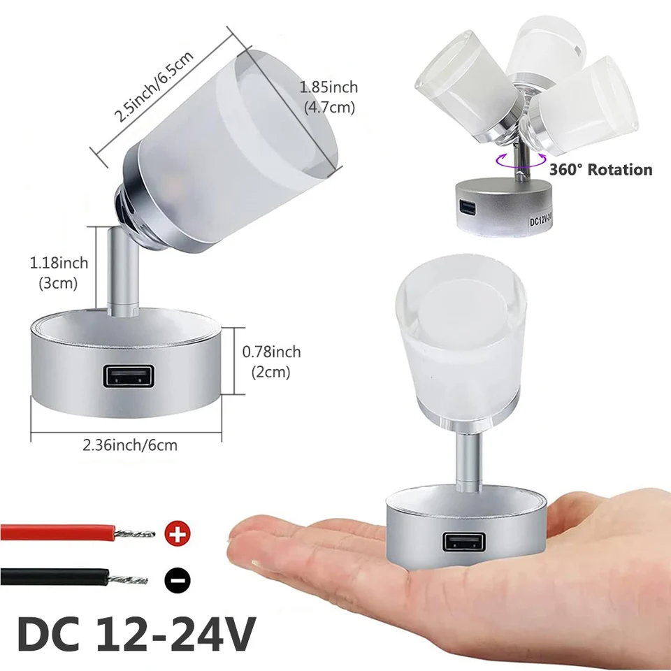 Lampe De Lecture Réglable 12V - Aluminium, Blanc Chaud, Camping-car, Bateau, Interrupteur