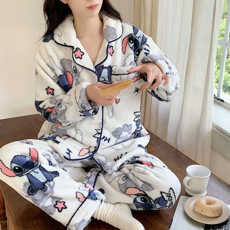 2024 New Cartoon Flannel Pajamas Women Winter Loungewear Cardigan Suit Female Sweet Leisure Long Sleeve Casual Nightclothes Set