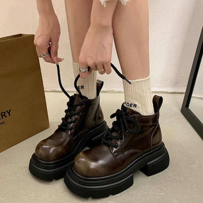 

Женские ботильоны на толстом каблуке с круглым носком, Модные ботильоны, уличные женские ботинки на шнуровке, ботинки на квадратном каблуке X914