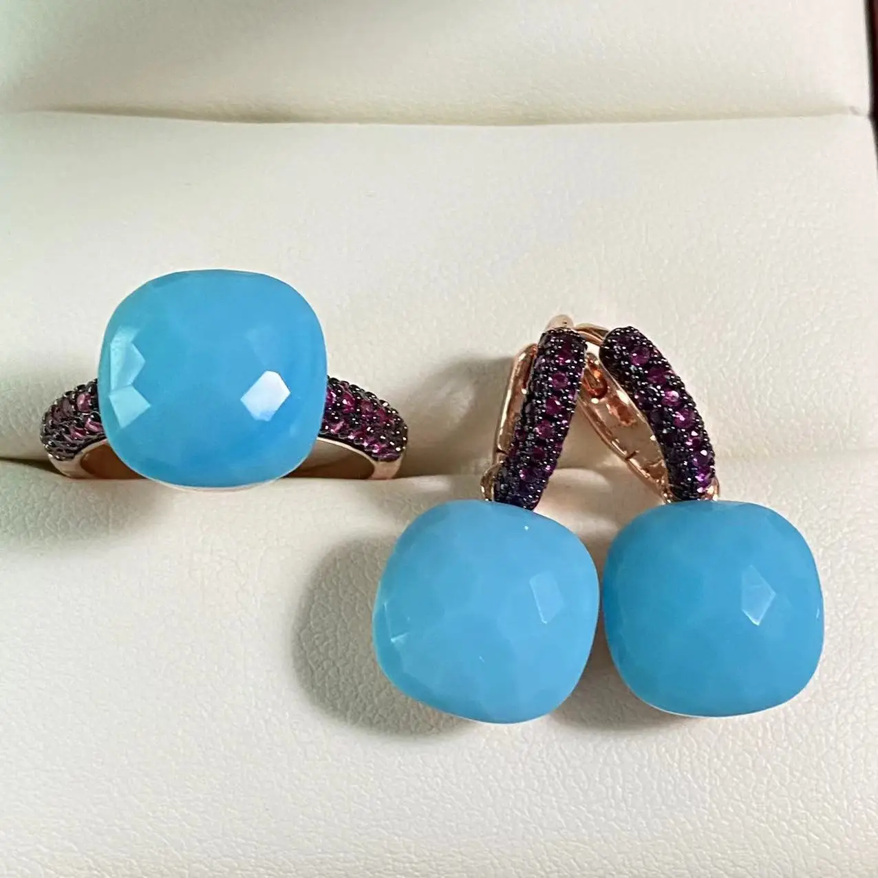 

2Pcs/Set Women Ring Earrings Jewelry Set Inlay Purple Zircon Candy Crystal Jewelry Set Rose Gold Plated Jewelry Gift