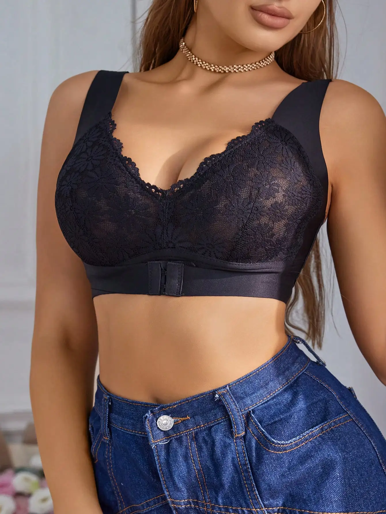 Reggiseno da donna in pizzo floreale con chiusura frontale, spalline larghe, senza ferretto, scollatura a V profonda, traspirante, comodo, con chiusura posteriore, intimo B2449 - immagine 3