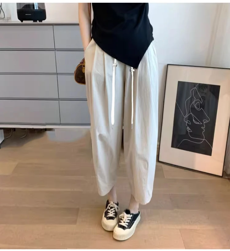 M-3XL Maternity Summer Trousers Solid Color Drawstring Waist Ankle-length Pants Loose Casual Pregnant Woman Capris with Pockets 3