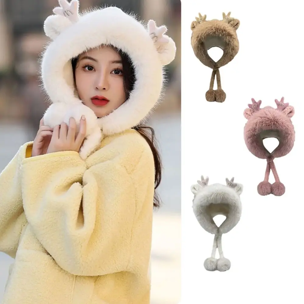 

With Antlers Hat Scarf Set Convenient Brimless with 2 Plush Balls Plush Bonnet Caps Cartoon Ear Protection Hat Women Girls