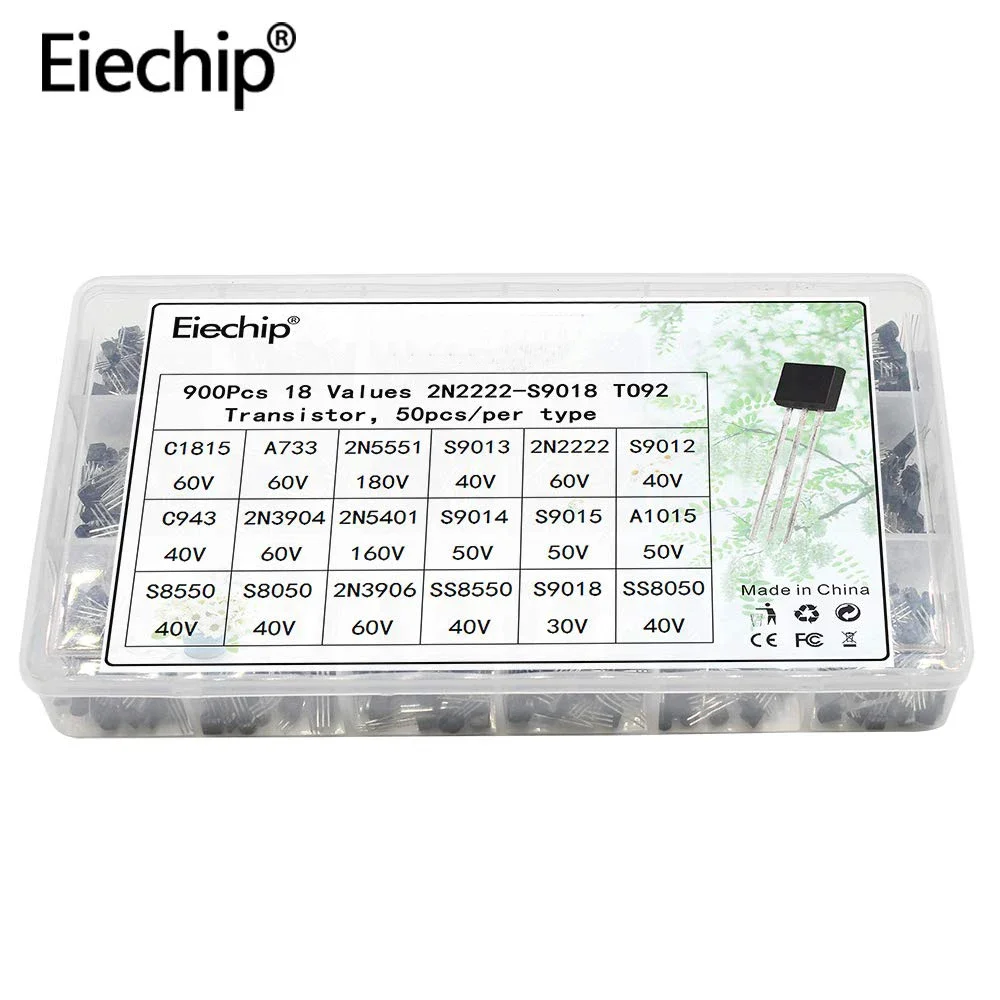 900pcs BJT Transistor Transistors Kit MOSFET Transistor 2N2222-S9018 Transistors Box Pack NPN PNP TO92 Assorted Kit 18 values*50pcs S9015 S8050 S8550 2N3904 2N3906