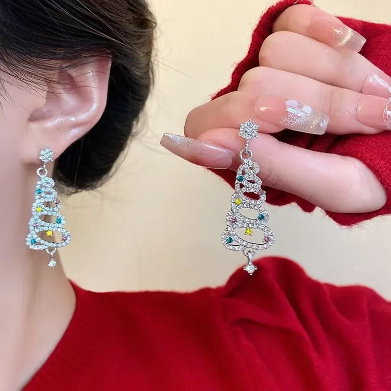 Colorful Shiny Hollow Tassel Christmas Tree Stud Earrings for Women 2025 New Trend Fashion Earring Pretty Girls Jewelry Gifts