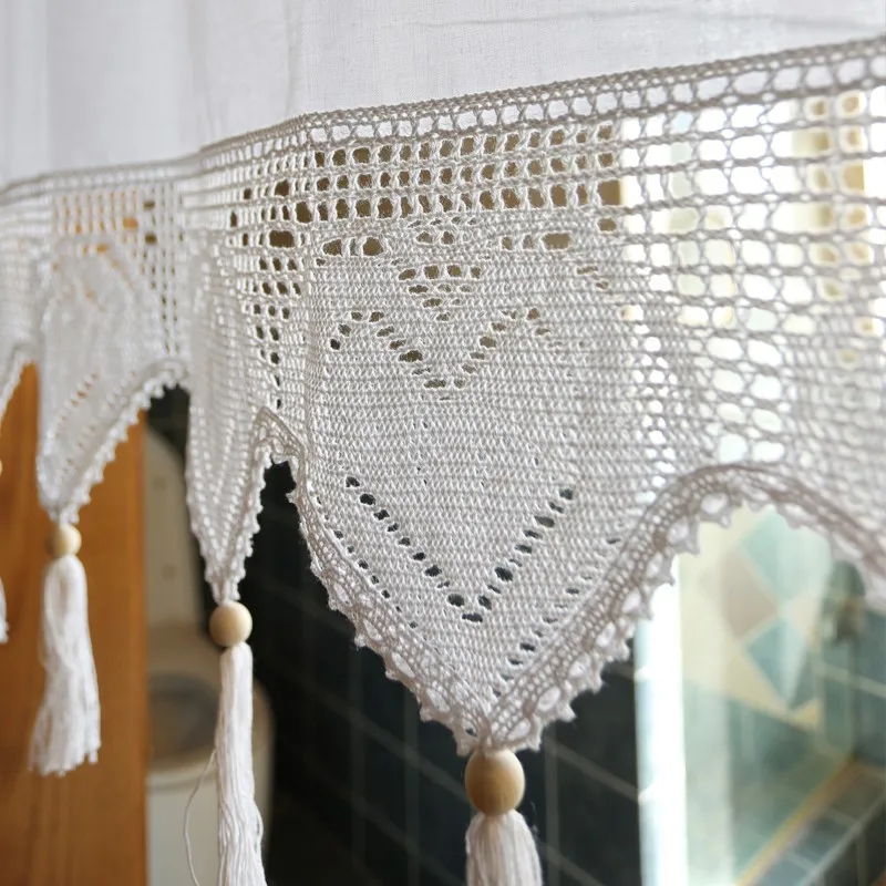 Rustic Short Kitchen Curtain Handmade Hollow Flower Crochet Lace Tassel Half Window Curtain Valance Cabinet Cover Door Curtains 4