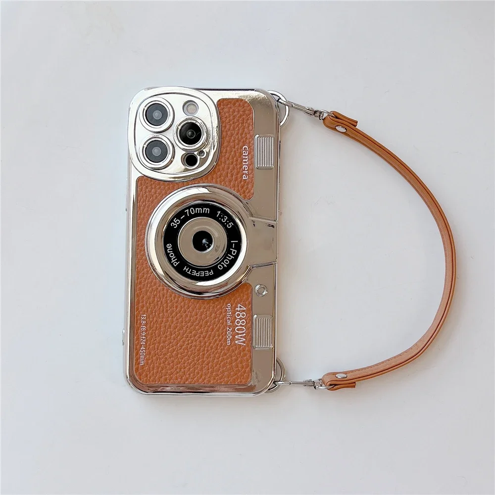 Luxury Retro Stereo Camera Hand Lanyard Phone Case with Leather Pattern