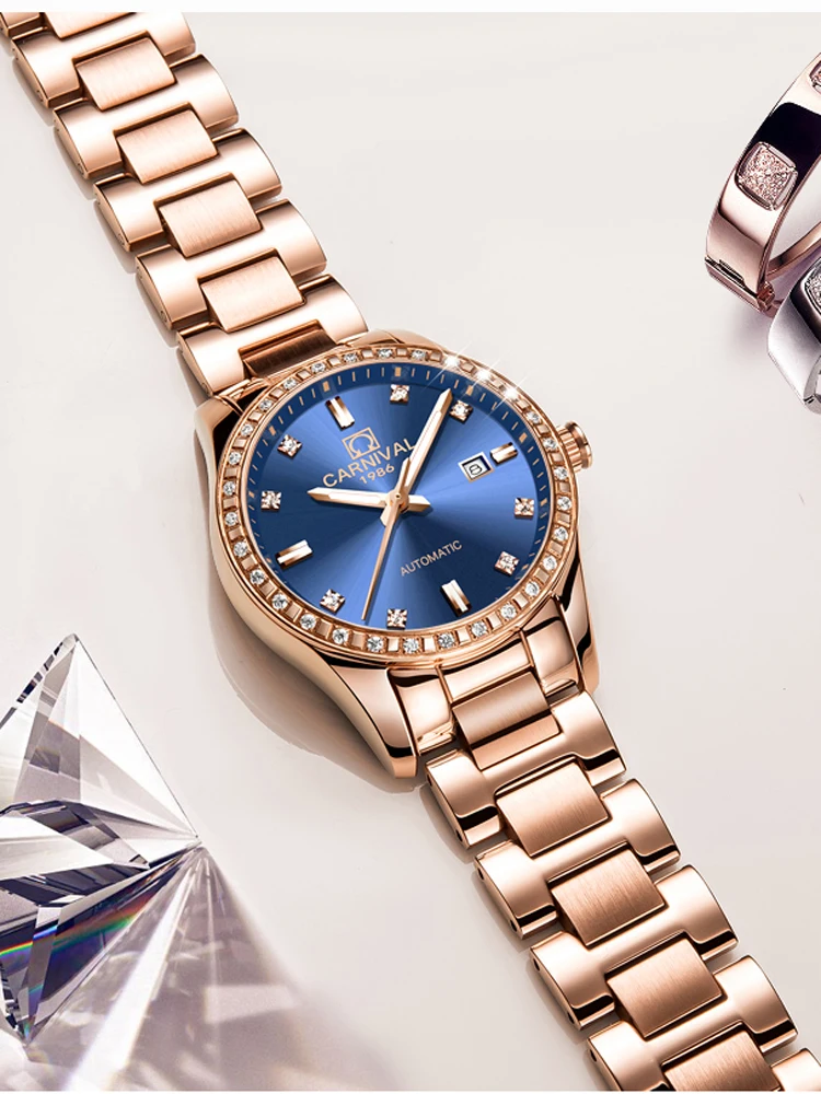 CARNIVAL New Luxury Rose Gold Blue Dial Watch Women Dress Automatic Mechanical Watches Bracelets Ladies Gift Reloj Mujer_voghion.com
