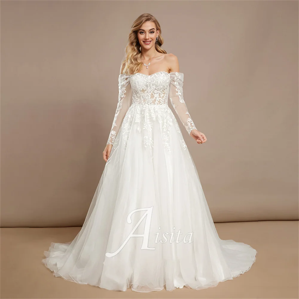 

New A-line Bride Dresses Off the Shoulder Court Train Tulle Lace Wedding Dresses For Woman Wedding Dress Vestidos De Novia