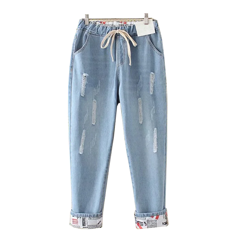 zara jeans High Elastic Waist Hemming Boyfriend Loose Ripped Harem Jeans Mom Light Blue Cuffed Casual Ankle length Capris Baggy Denim Pants jeans pant Jeans