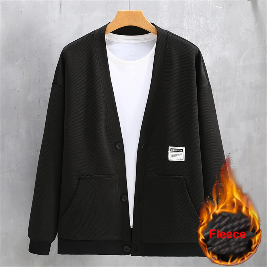 Autumn Winter Fleece Jacket Men V-neck Baseball Jacket Plus Size 10XL 11XL Fashion Casual Solid Color Coat Male 3