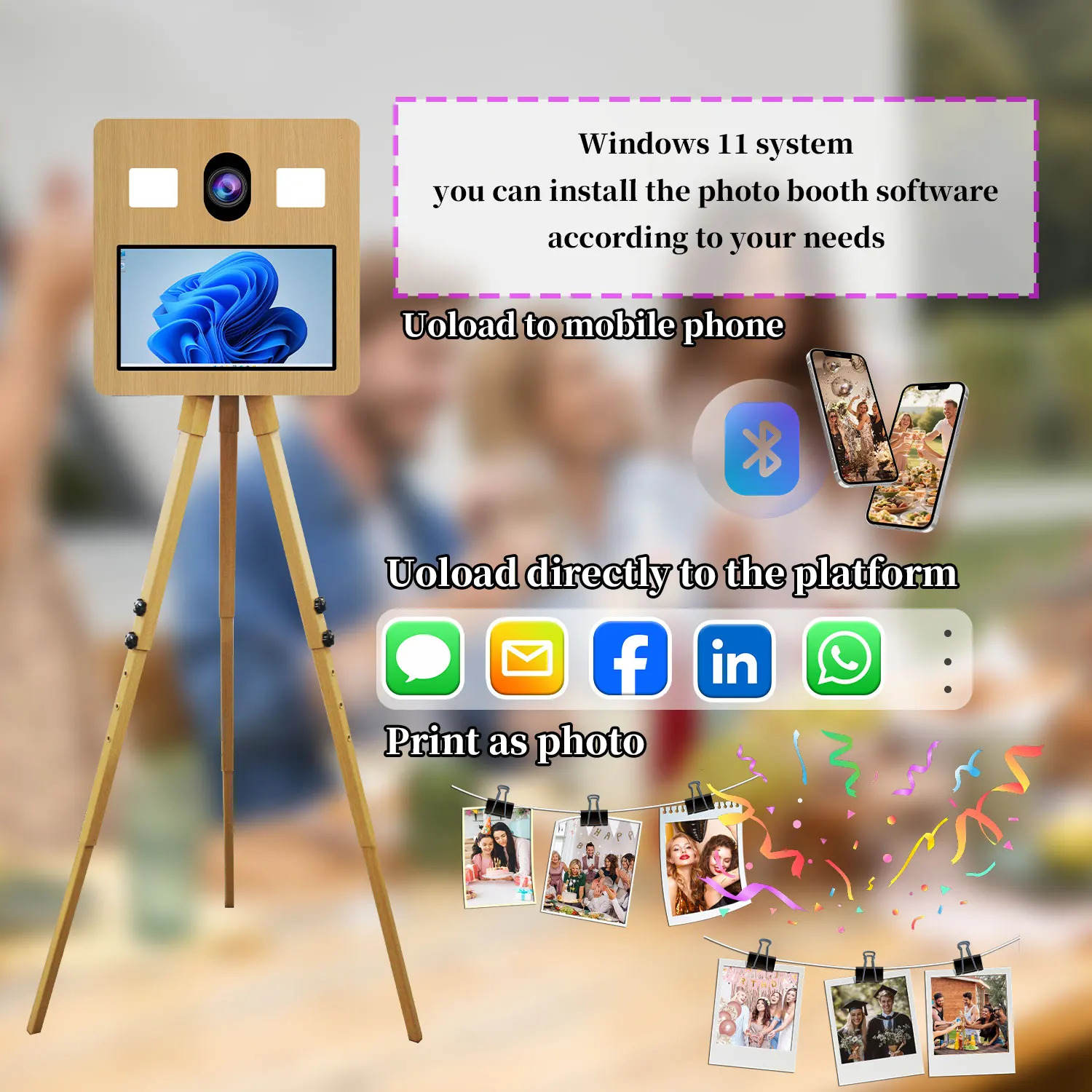 DSLR 삼각대 포토 부스 머신, 나무결 무늬 셀카, 15.6인치 터치스크린, 매직 미러 포토부스(파티용)