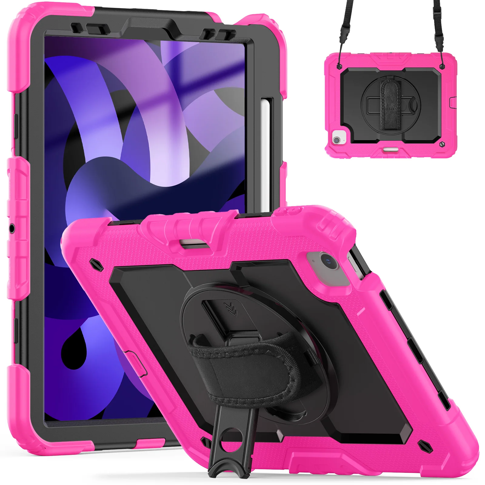 Shockproof Tablet Case with Screen Protector and 360° Rotating Hand Strap, Featuring Pencil Holder
