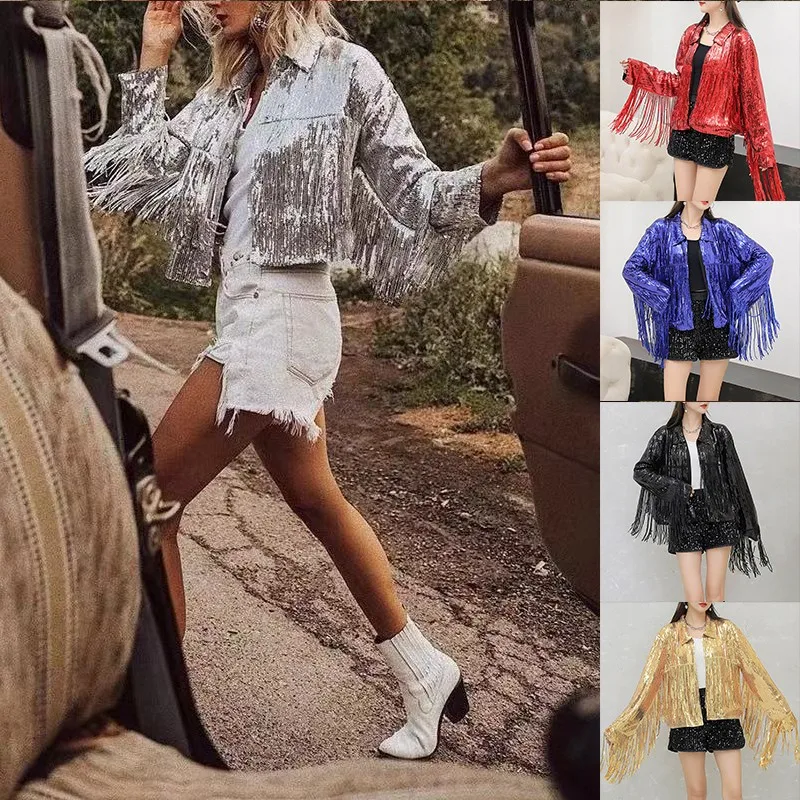

Women's Sequin Long Sleeve Tassel Lapel Zipper Loose Jacket