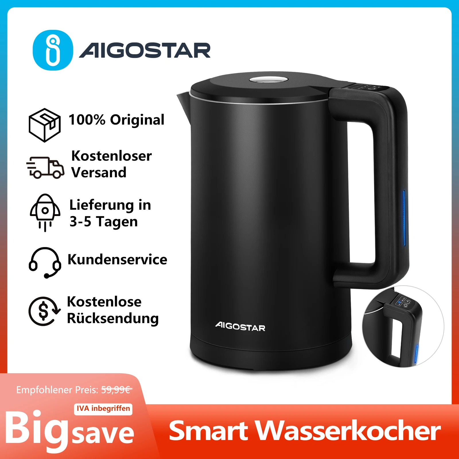 Aigostar Smart Wasserkocher mit Temperatureinstellung 40°C-100°C, WiFi Steuerung Kompatibel zu Alexa, 1,7 L Edelstahl Doppelwand Cool Touch, Leise & Kabellos, Warmhaltefunktion, Schwarz