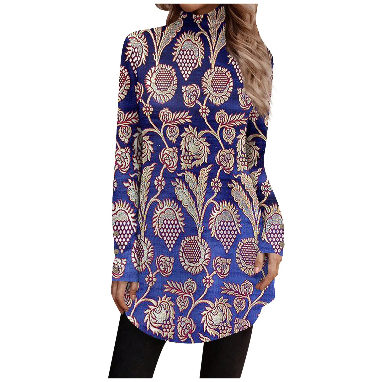 

Female Vintage T Shirt Ethnic Print Long Sleeves High Neck Slim Fit Blouse 2023 Autumn Winter New Tops For Women Ropa De Mujer