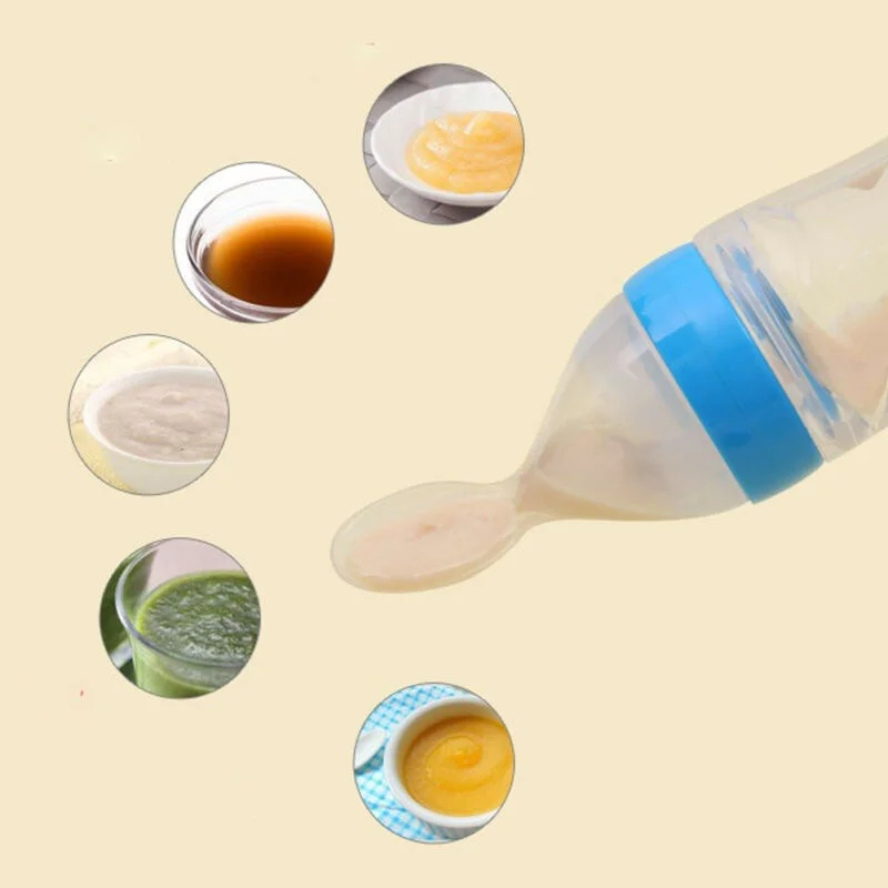 2 PC Baby Accessories Safety Infant Baby Silicone Feeding with Spoon Feeder Food Rice Cereal Bottle Utensils and Fruit Feeder 3