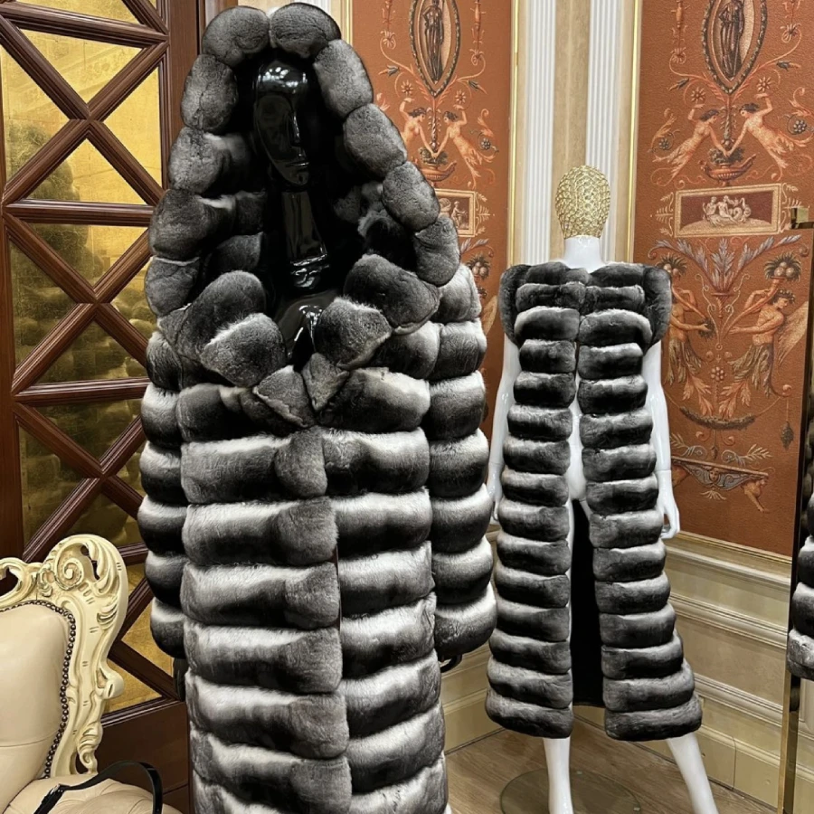 

Natural Rex Rabbit Fur Coat Real Fur Hooded Coat For Women With Hood Women Chinchilla Fur Hoodie Best Selling Winter Coat Large