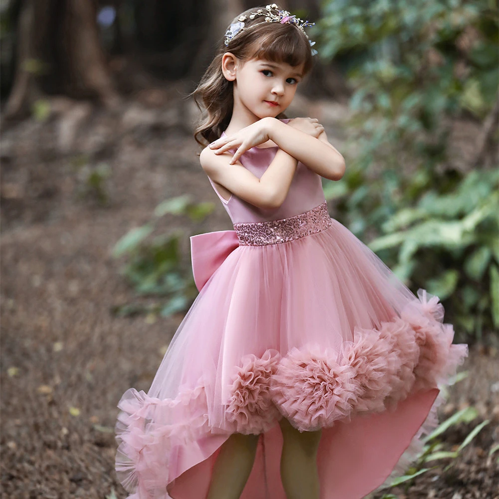 New Cute Dress Child Girl Knee Length Mesh Flower Gown for Girls