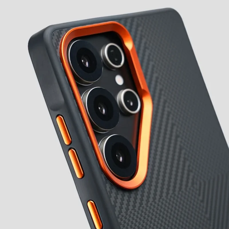 Premium Carbon Fiber Texture Alloy Lens Case with Magnetic Wireless Charging and Anti-Drop Protection