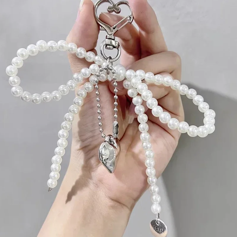 New Bowknot Sliver Heart Pendant Keychain Women Girl Pearl Bow Backpack Key Ring Handmade Buckle Pink Cute Sweet Key Accessories