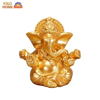Gold Lord Ganesha Buddha Statue Elephant God Elephant Hindu God Sculpture Figurines Handmade Gift Home Office Car Decoration