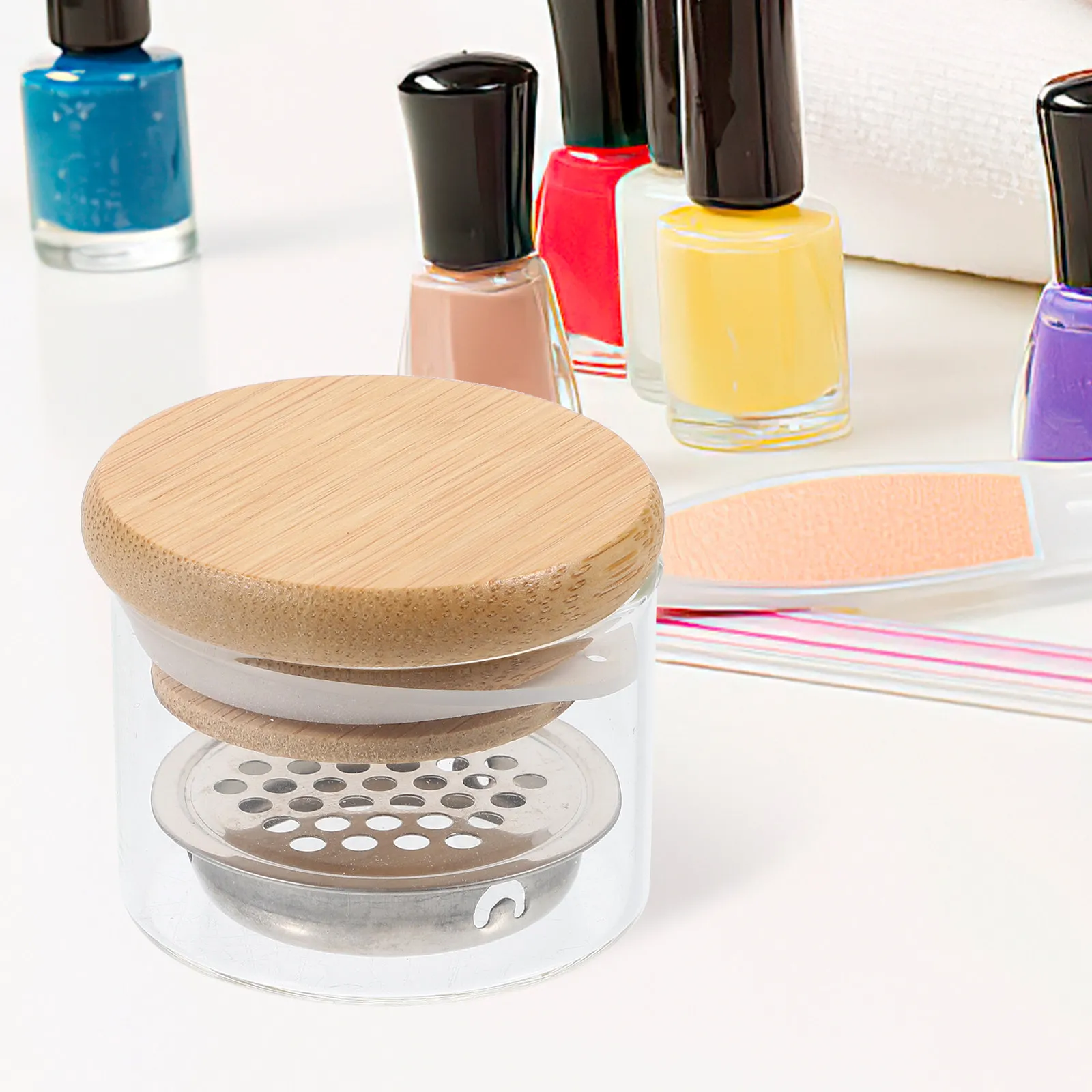 유리 네일 디쉬 볼 (나무 뚜껑 및 스테인리스 스틸 메쉬 포함) 아크릴 네일 매니큐어용 다펜 디쉬 전문가용/홈 살롱용