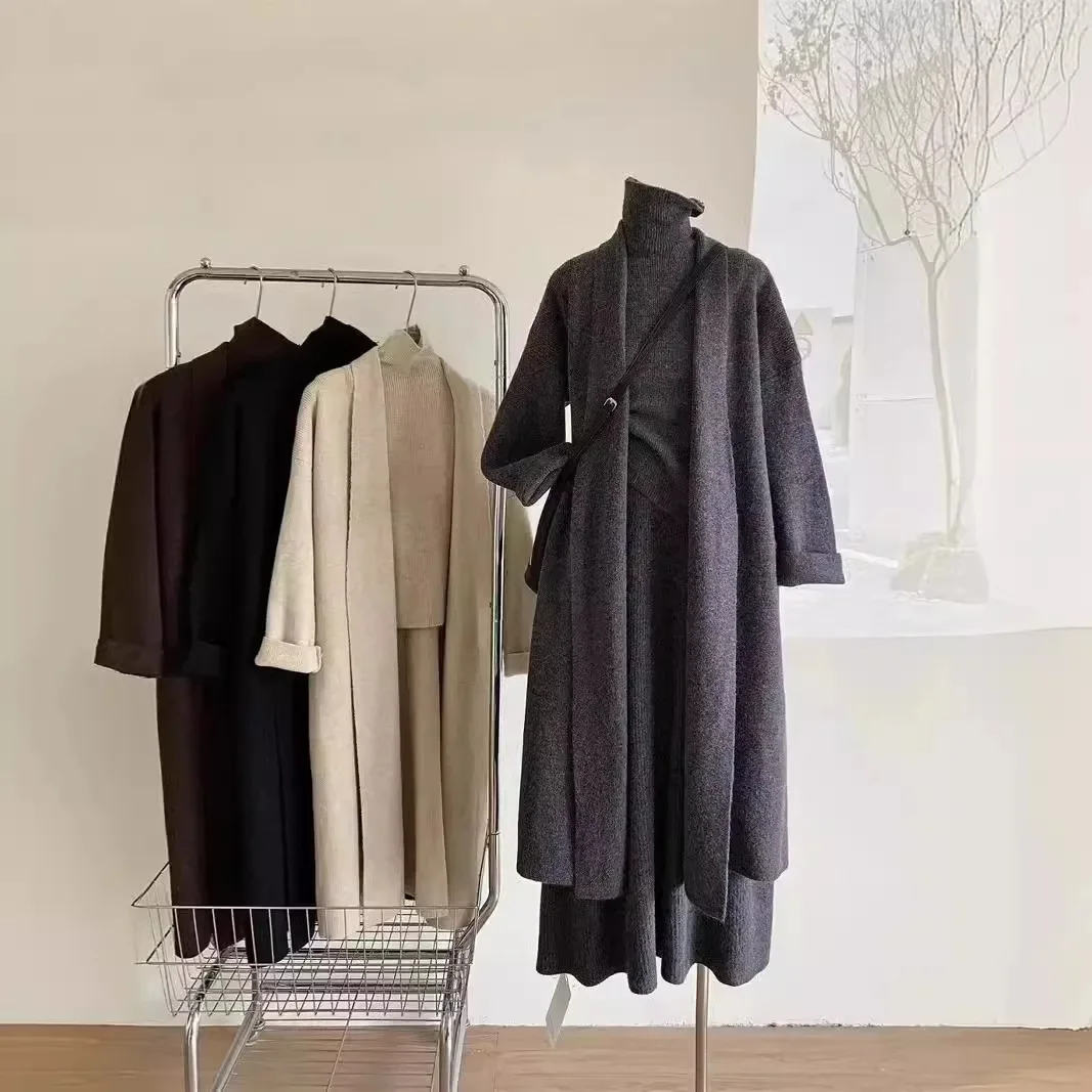 ثلاث قطع مجموعات المرأة سترة طويلة سترة 2025 البلوز فستان محبوك ربيع الخريف الشتاء الكروشيه سترة Y2k تنورة عالية الخصر