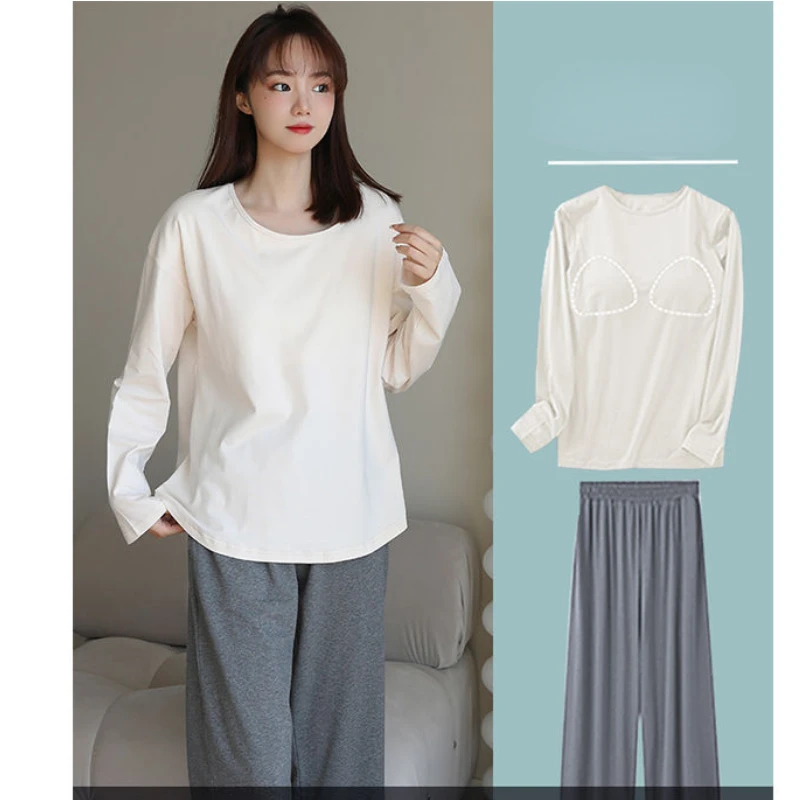 Cotton Sleepwear Women with Chest Pads Pajama Sets Spring Autumn Long Sleeve Pants Summer Pajamas Loungewear Set Loose Korean