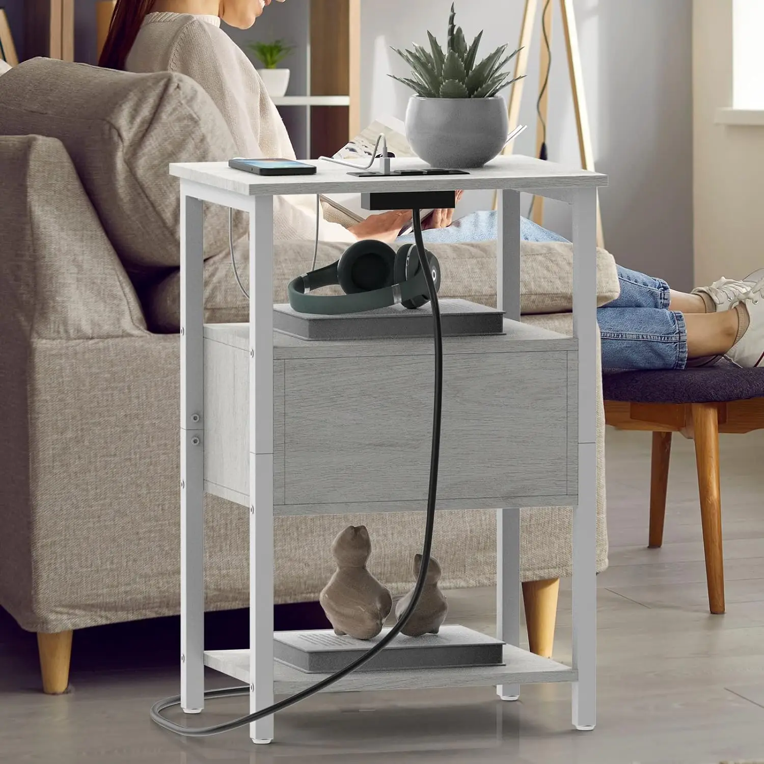 Set of 2 Nightstand Charging Station End Side Table Flip Storage Drawer Bedroom Bedside Table 2