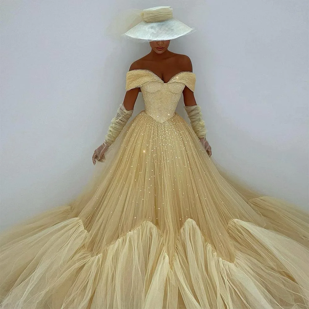 

Sevintage Sparkle Tiered Ruffles Tulle Long Prom Dresses Off the Shoulder A-Line Evening Dress Wedding Party Gowns 2022