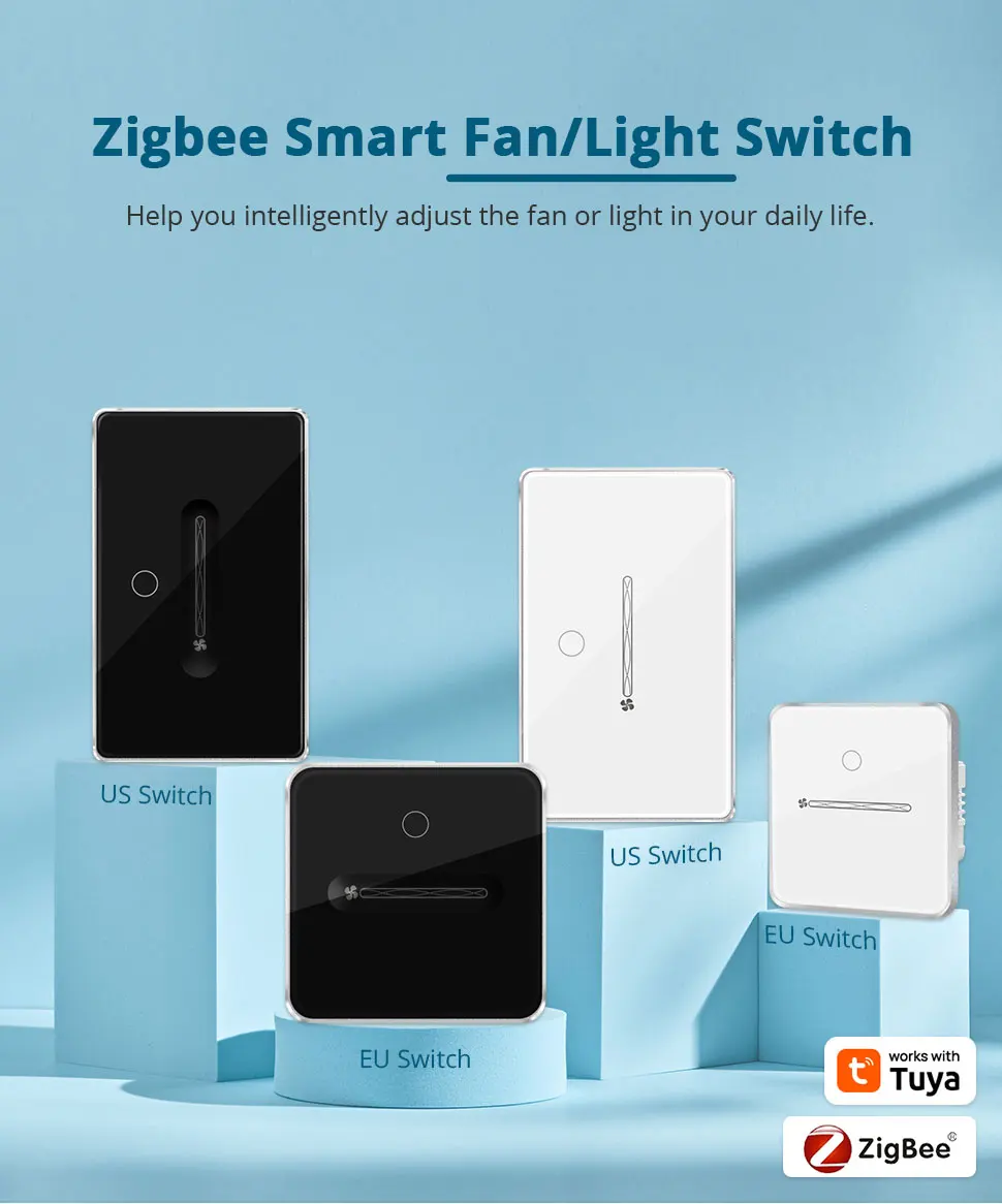 Zigbee Smart Fan Light Switch Neutral Required 1 Gang Touch Light Switch with Sl