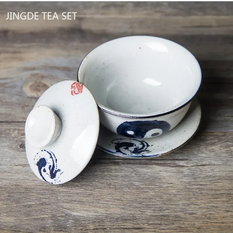 Retro Handmade Tea Bowl Jingdezhen Ceramic Gaiwan Chinese Tea Maker with Cover Teacup Tea Set Supplies Household Drinkware