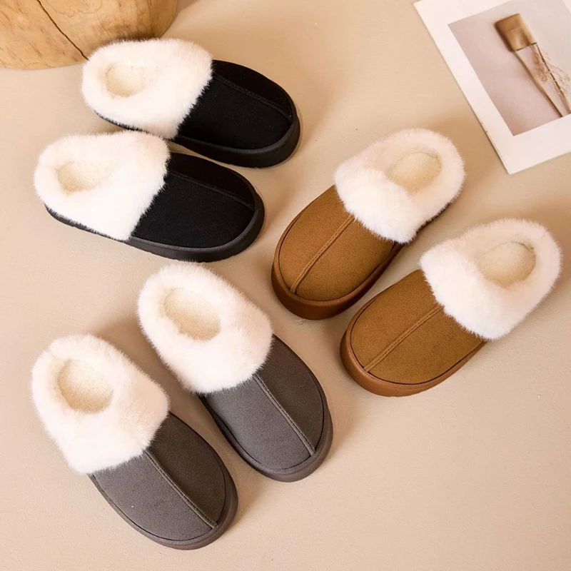Warm Thicken Plush Winter Slippers Women Outdoor Thick Sole Non Slip Cotton Slides Woman Plus Size 45 Plush Snow Boots Female