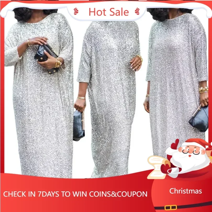 

African Plus Dresses for Women Elegant African 3/4 Sleeve O-neck Silver Long Party Evening Maxi Dress Dashiki African Clothing
