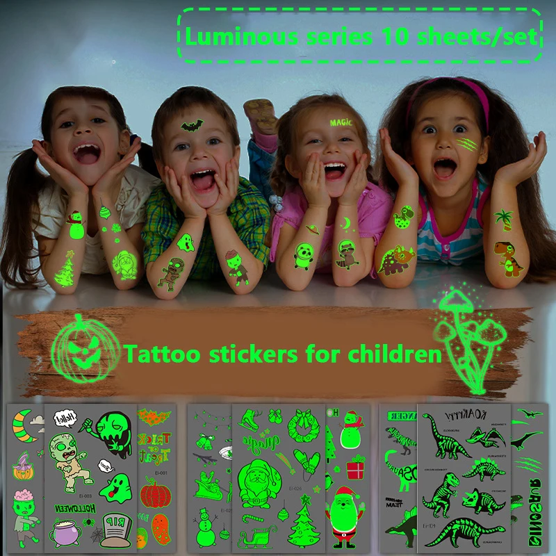 

Fluorescent Night Tattoo Sticker Children Unicorn Stars Dinosaur Car Animal Cartoon Waterproof Body Art Kid Fake Tatoo